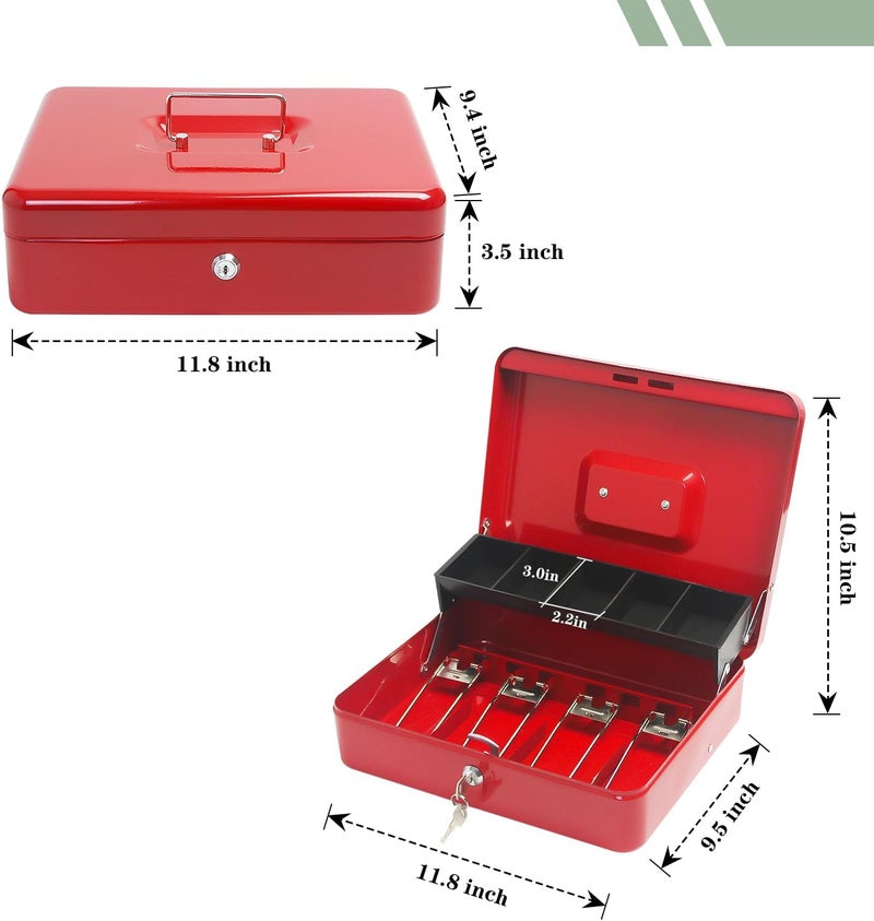 PACOLO Secure Locking Cash Box with Key or comnination, Money Tray, and Organizer - Metal Money Safe for Cash Management (Red Key) - Image 2